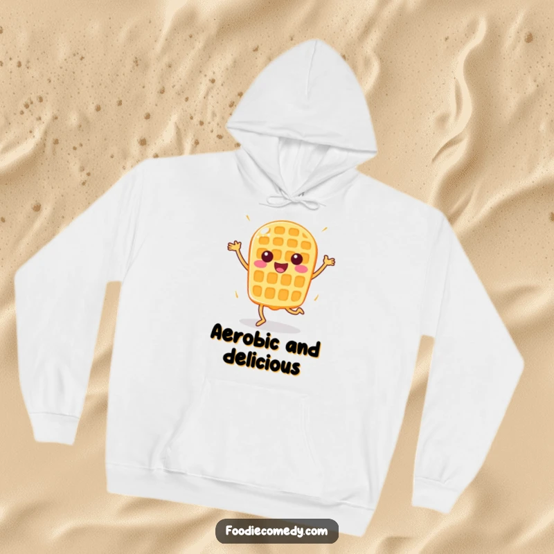 Funny Happy Waffle Hoodie: A bouncy waffle doing aerobics makes this cozy apparel full of playful energy.