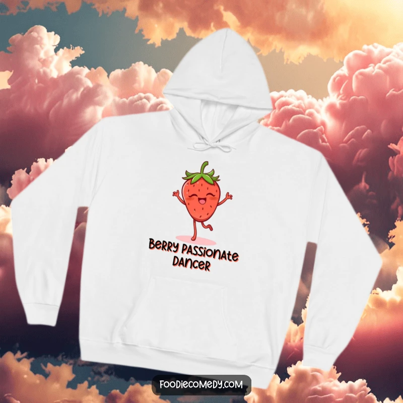 Funny strawberry hoodie featuring a giggling strawberry with legs doing a lively flamenco step, perfect for cozy humor.