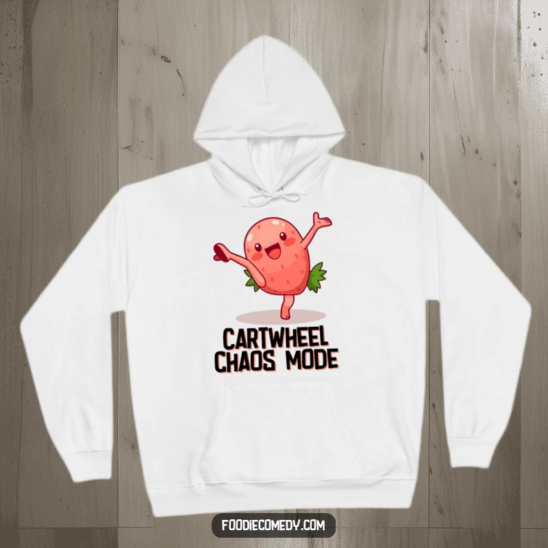 Funny hoodie showcasing a strawberry character doing a wild cartwheel, printed on comfy fabric for maximum humor and warmth. Ideal for active gift-giving.