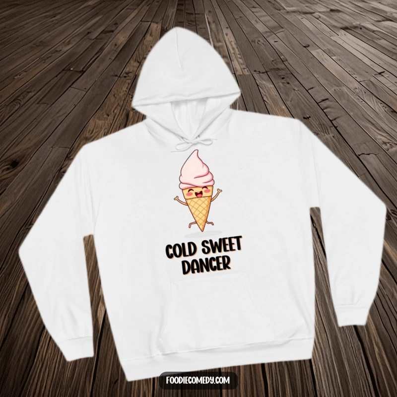 Funny hoodie featuring an ice cream cone doing a lively jig, offering warmth and a humorous dessert-themed design.