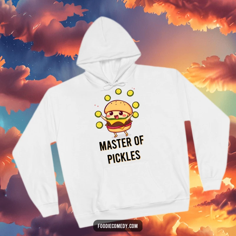 Funny Burger Juggling Hoodie: Adorable kawaii burger character tossing pickles, designed for cozy, humorous wear.