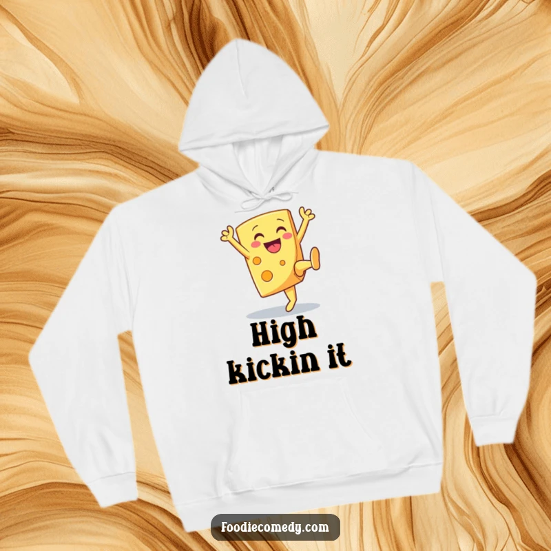 Funny smiling cheese wedge high kicking, depicted on a warm and cozy hoodie, perfect for winter.