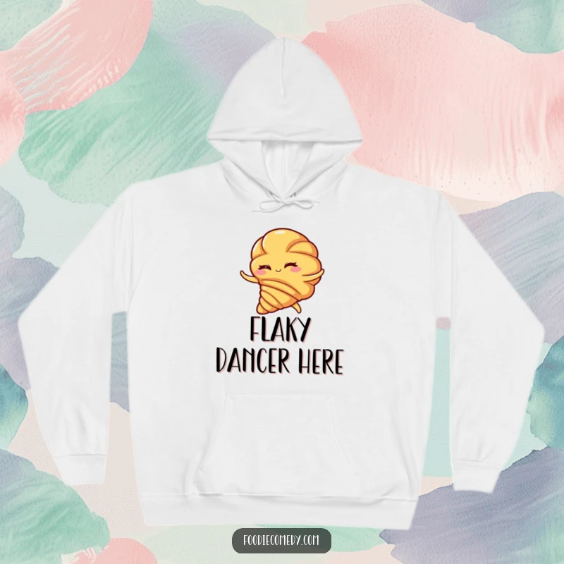 Funny croissant hoodie, a winking pastry doing a dynamic flamenco swirl, exuding warmth and delicious dance moves.