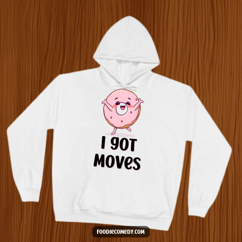 Funny donut character breakdancing in a playful pose, depicted on a cozy hoodie, perfect for winter fun.