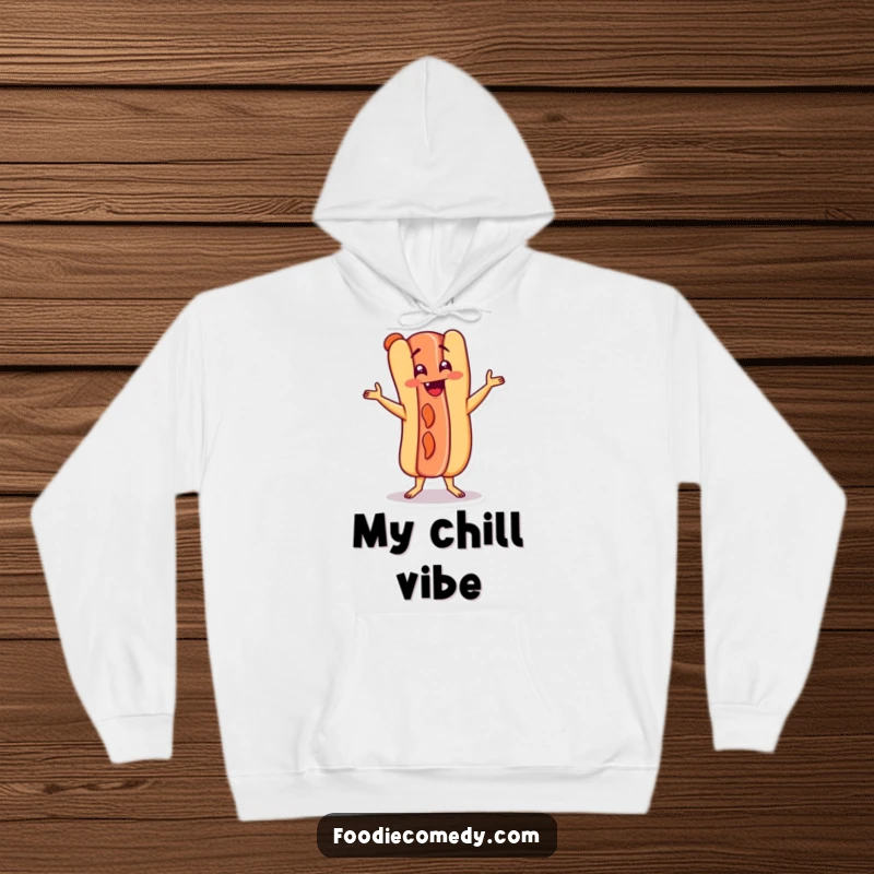 Funny hot dog character doing the Charleston on a hoodie, showcasing energetic movement and playful vibes.