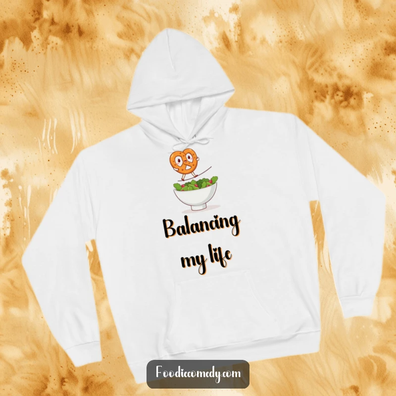 Funny kawaii pretzel hoodie, soft fleece with a brave pretzel performing a tightrope walk over a salad bowl, humorous loungewear, cute food theme, perfect funny gift.