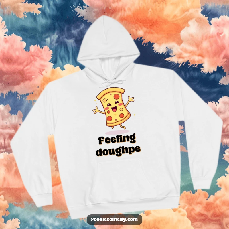 Funny hoodie featuring a joyous pizza slice breaking out into a disco dance, perfect for comfortable and hilarious lounging.
