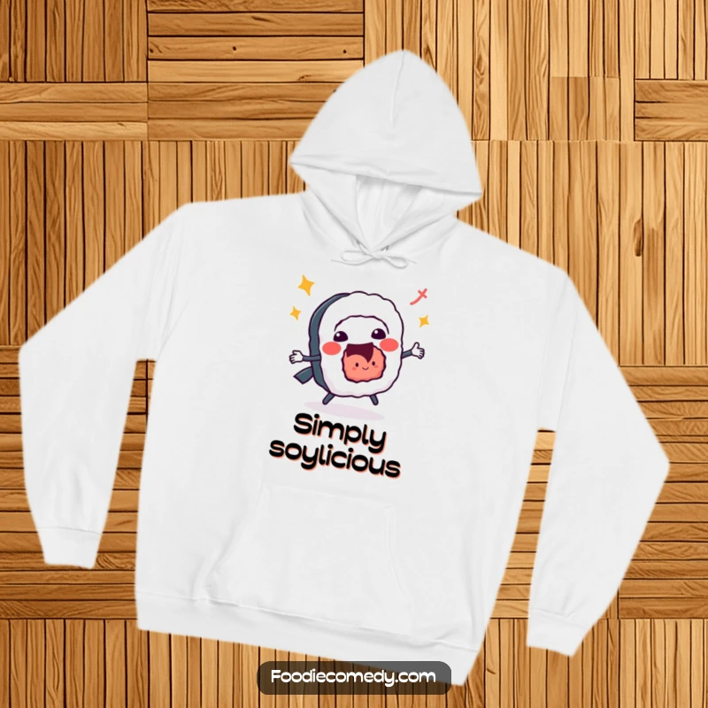 Funny sushi roll hoodie doing a vibrant jitterbug, offering warmth and a delightful foodie dance.