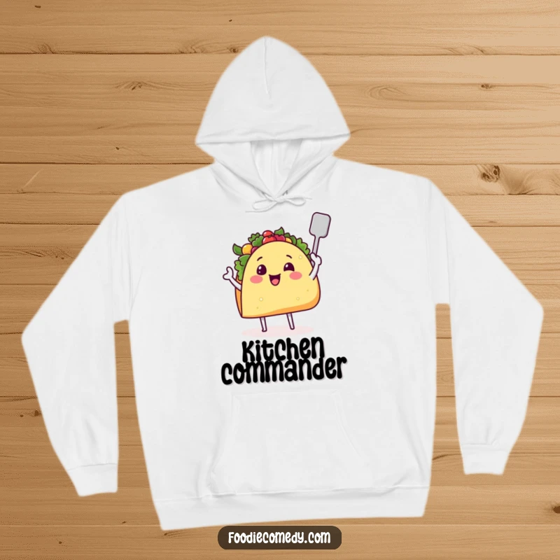 Funny taco hoodie featuring a smiling taco character with tiny legs and a spatula, perfect for cozy meals and kitchen fun.