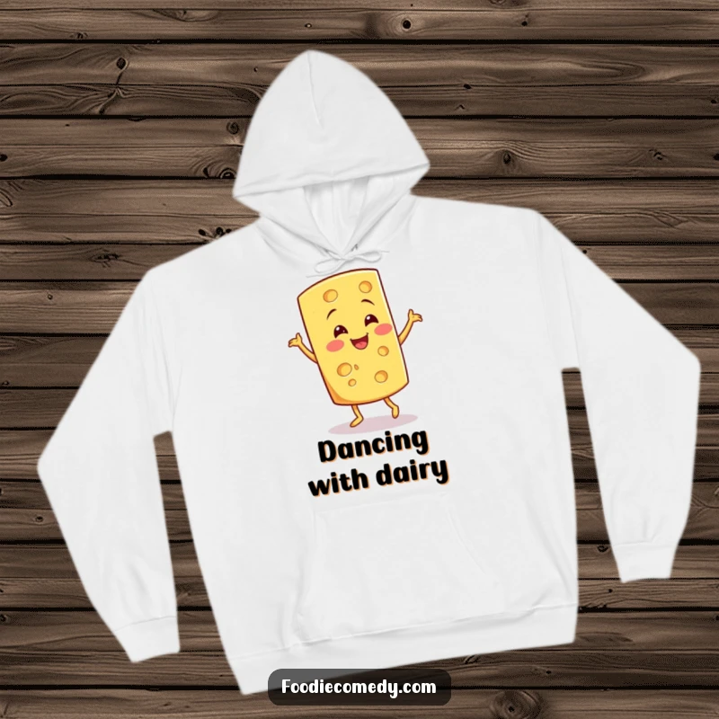 Funny Cheese Jig Hoodie: A smiling cheese wedge jigging makes this hoodie both cozy and humorous.