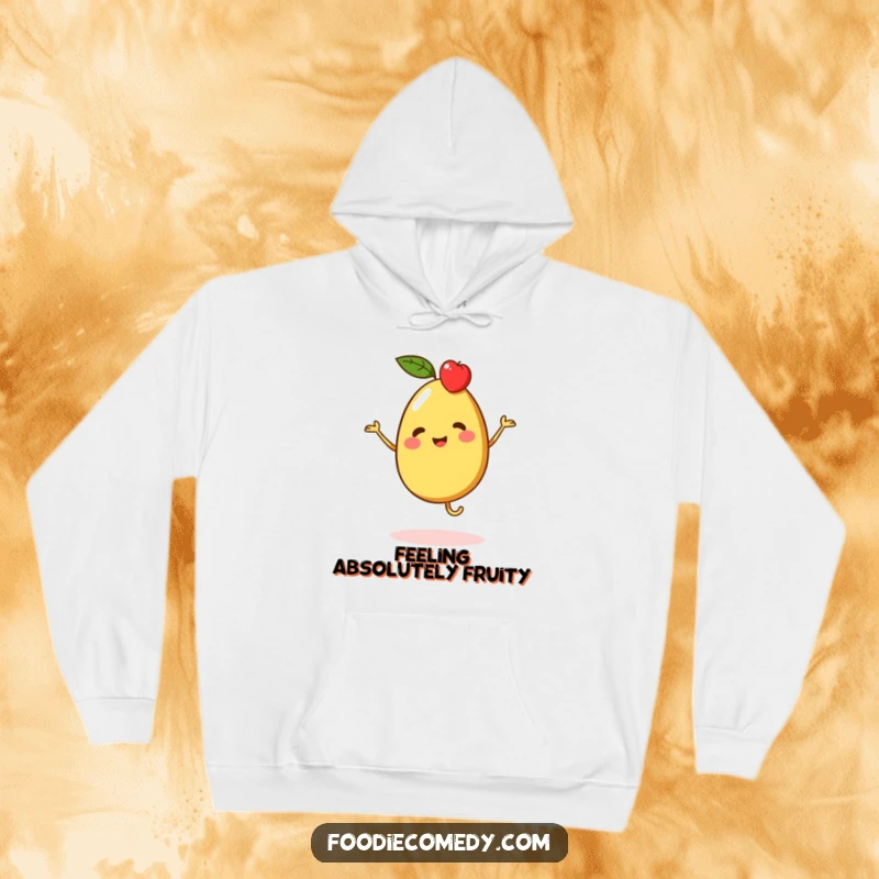 Funny hoodie depicting a vibrant piece of fruit character doing a merry jig, perfect for staying warm and cheerful.