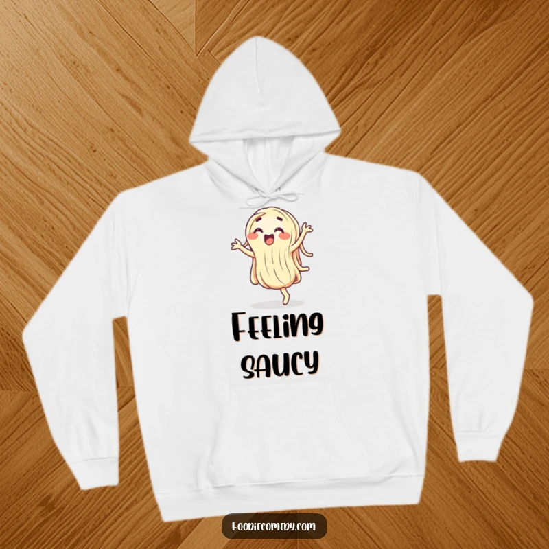 Funny wiggling noodle hoodie, a cartoon pasta character doing a hilarious, energetic dance, perfect for cozy fun.