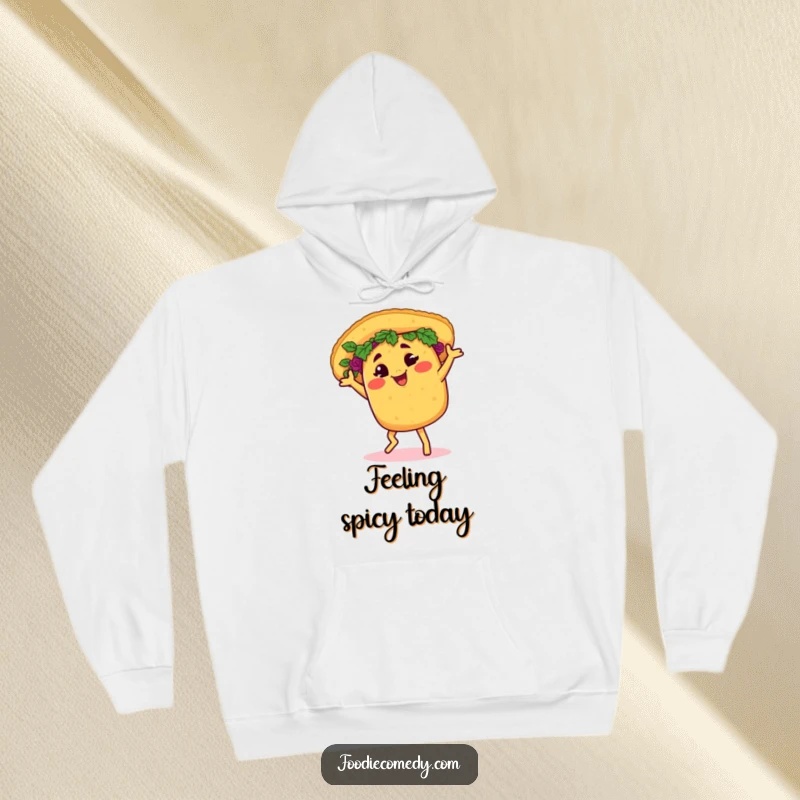 Funny taco hoodie, cheerfully performing a lively salsa dance with a winking expression, radiating fun.