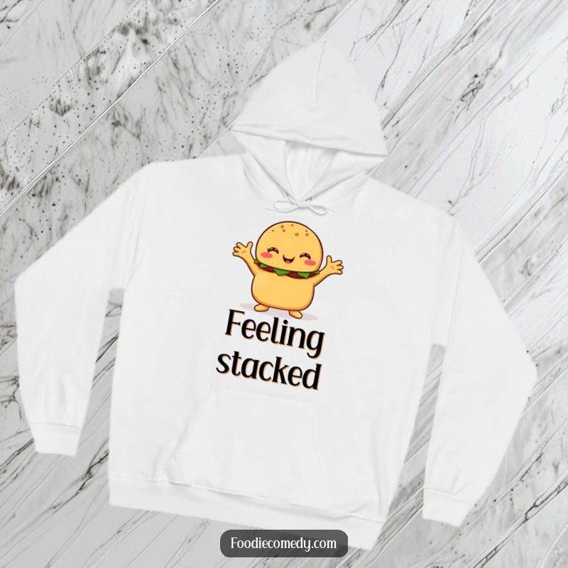 Funny burger hoodie, a happy burger character with arms outstretched, delivering ultimate comfort and a humorous hug.