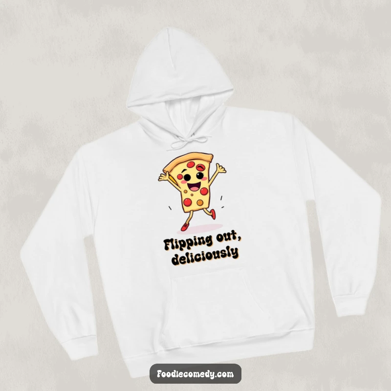 Funny pizza breakdance hoodie design shows a pizza slice character with legs spinning wildly in a breakdance move.
