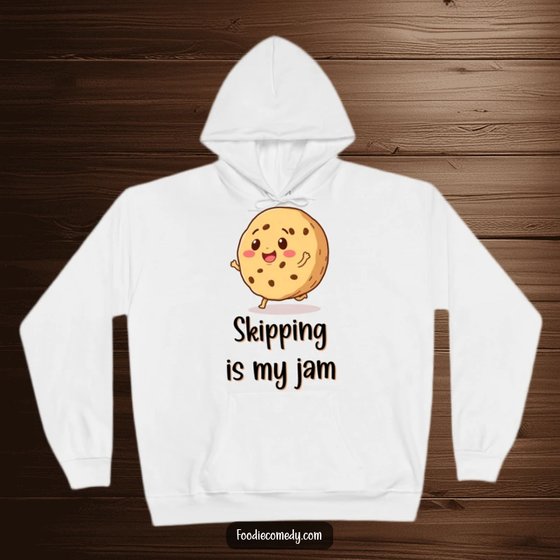 Funny hoodie featuring a smiling cookie doing a happy little skip, offering warmth and a dose of sweet, contagious humor.