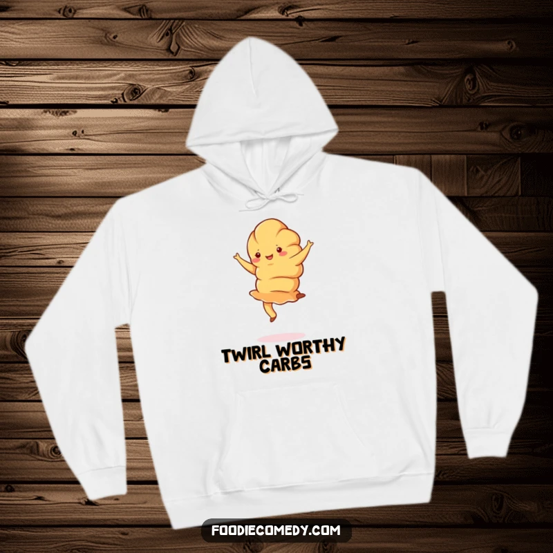 Funny croissant hoodie showing a jubilant croissant doing a graceful pirouette, ideal for comfortable, stylish, humorous wear.