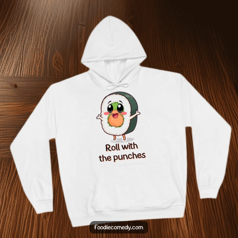 Funny sushi roll hoodie featuring a dancing character with exaggerated happy eyes, offering comfort and cheer.