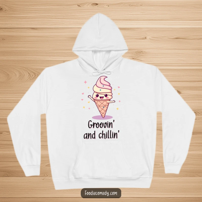 Funny hoodie illustration of a happy ice cream cone spinning energetically, showcasing a lively disco dance move with a playful spirit.
