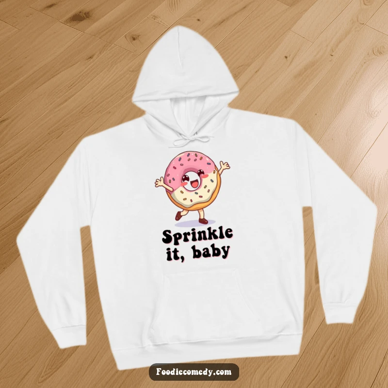 Funny Donut Hoodie: A donut breakdancing with sprinkles scattered, capturing a moment of energetic fun and sweetness, perfect for cold days.