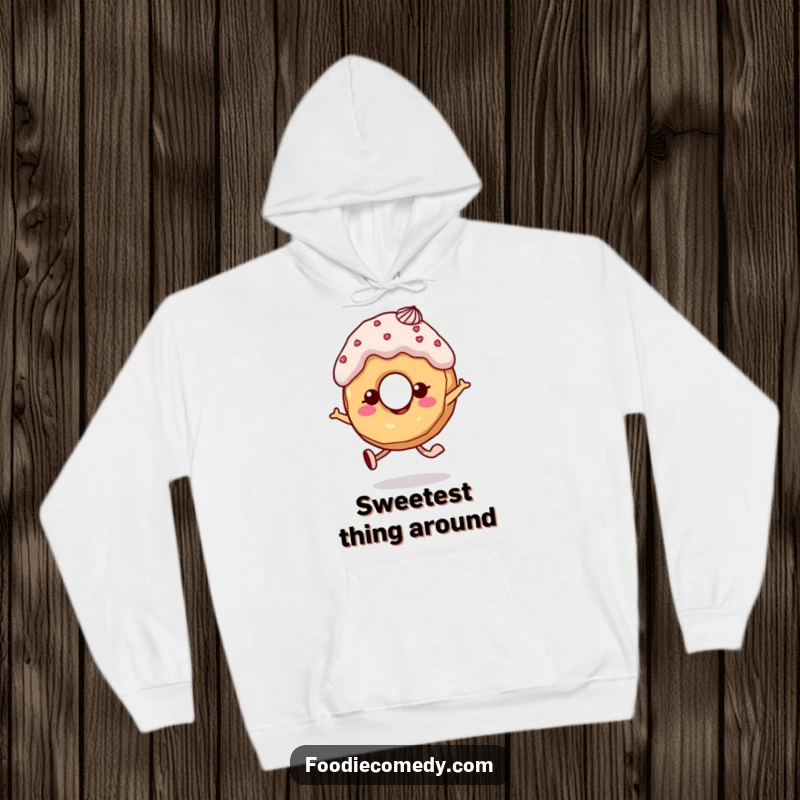 Funny donut hoodie featuring a skipping character with frosting hair, offering comfort and cheerful fun.