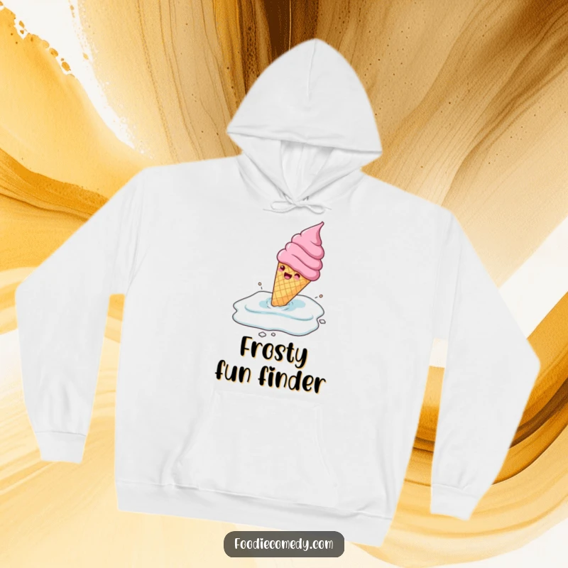 Funny gleeful ice cream cone sliding across a frozen surface with joy, on a warm hoodie, a humorous cozy gift.