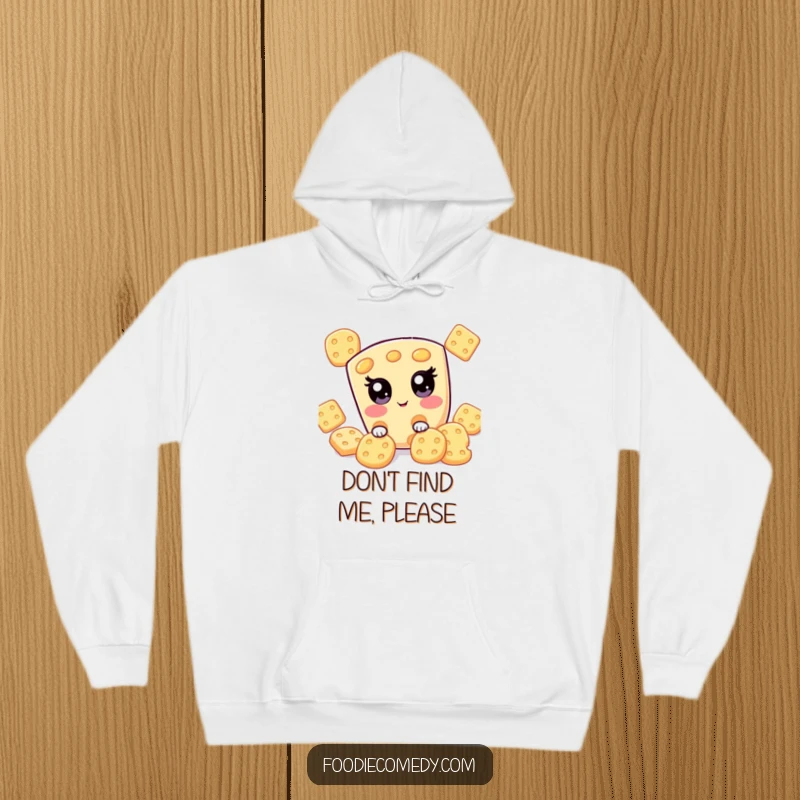 Funny, cozy hoodie featuring a kawaii cheese slice playing hide-and-seek behind crackers, a warm and humorous apparel gift.