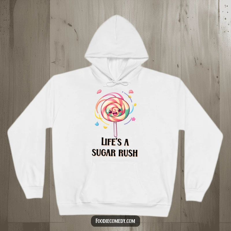Funny, cozy hoodie featuring a kawaii lollipop joyfully spinning with colorful swirls, a warm and cheerful apparel gift.