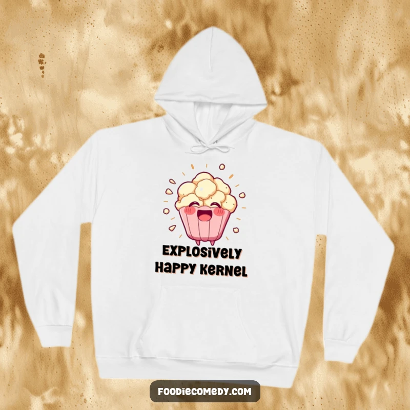 Funny, cozy hoodie featuring a kawaii popcorn kernel exploding into a happy burst, a warm and humorous apparel gift.