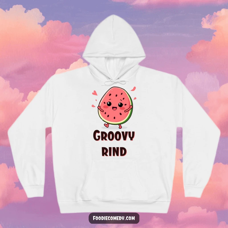 Funny Watermelon Jam Hoodie: A vibrant watermelon slice jamming out with cool moves, seeds flying, embodying a fun, hip vibe.