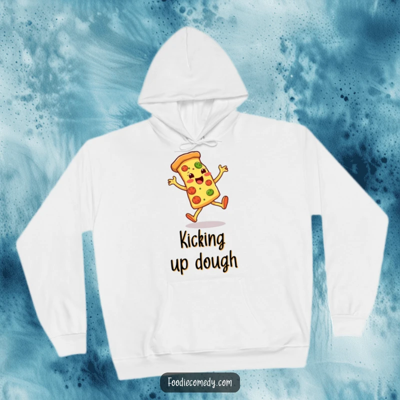 Funny hoodie featuring a pizza slice with dynamic leg kicks, offering warmth and a humorous twist on food.