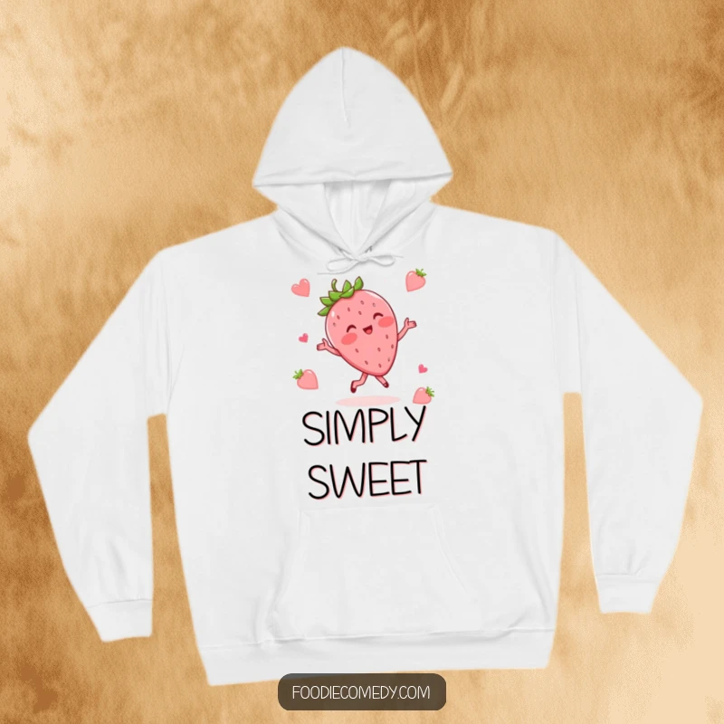 Funny hoodie with a blushing strawberry performing a whimsical waltz, offering cozy and charming humor.