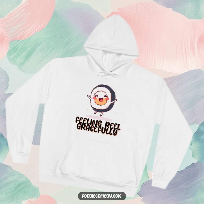 Funny hoodie showing a joyful sushi roll artistically performing a ballet spin, ideal for cool weather comfort.