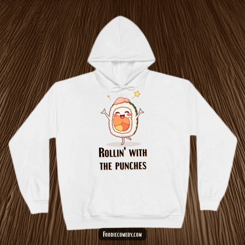 Funny hoodie with a joyful sushi roll in a comedic ballet pose, radiating laughter and warmth for graphic lovers.