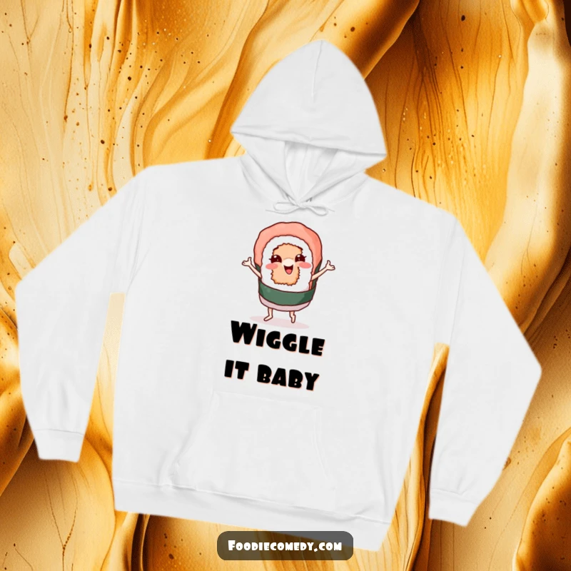 Funny hoodie featuring a sushi roll character wiggling and dancing, offering warmth and a dose of playful energy. A great gift for sushi lovers.