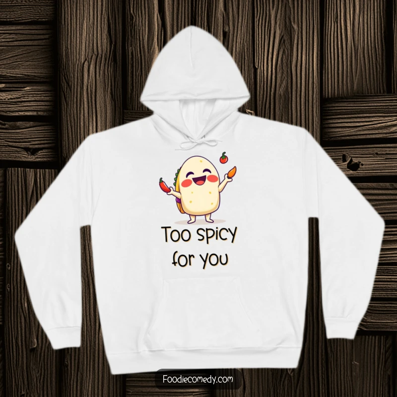 Funny Taco Hoodie: A delighted taco juggling tiny chilis with a big grin, offering cozy comfort and spicy humor.