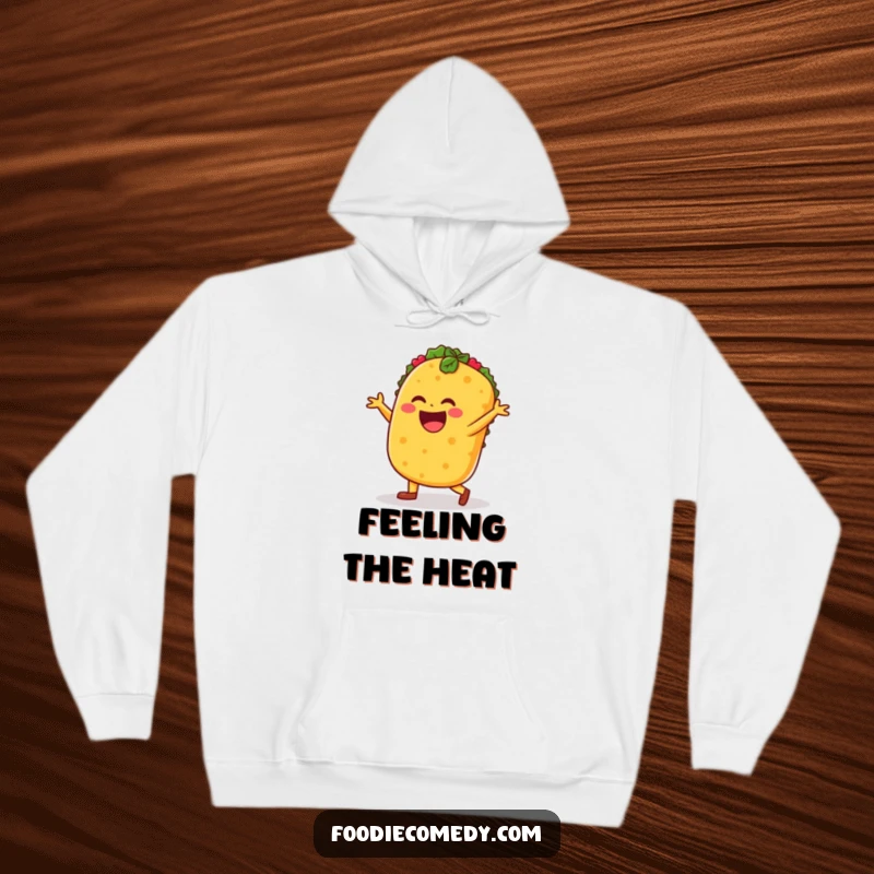 Funny taco hoodie, taco character dancing salsa, warm and festive streetwear.