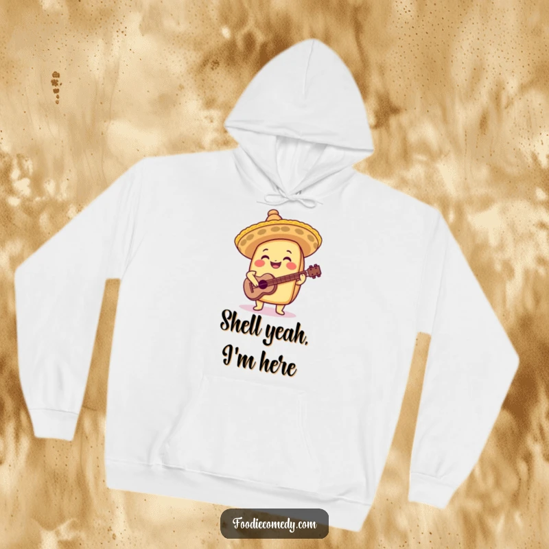 Funny taco hoodie featuring a happy taco musician with a sombrero and guitar, perfect for cozy fiesta vibes.