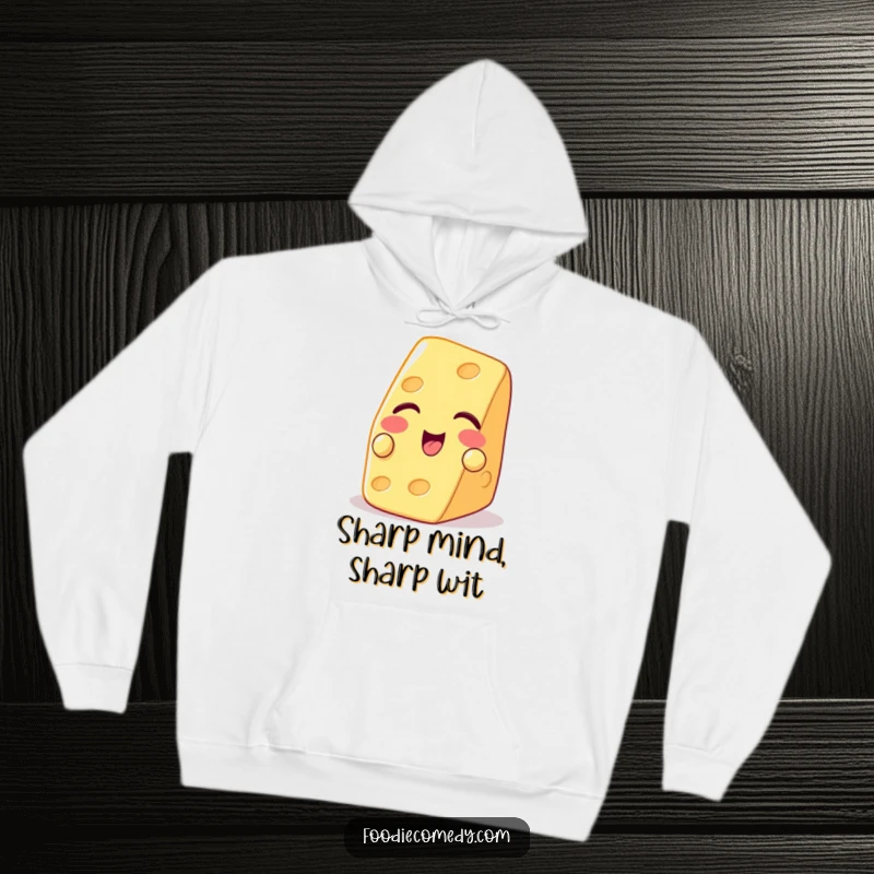 Funny hoodie featuring a playful piece of cheese winking with a cracker, perfect for cozy, cheesy fun.
