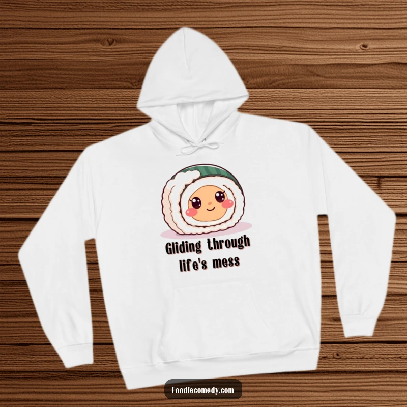 Funny sushi roll hoodie design shows a happy sushi character with eyes sliding smoothly across a polished floor, bringing smiles.
