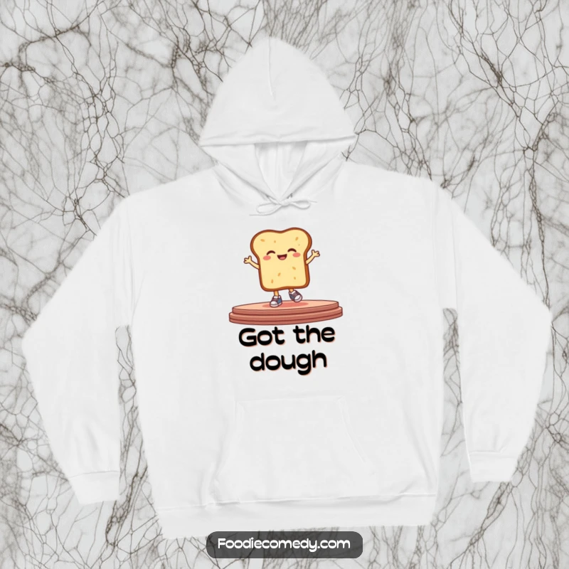 Funny bread hoodie featuring a giggling, stylized loaf in tiny sneakers, hopping with energy on a stage for humorous appeal.