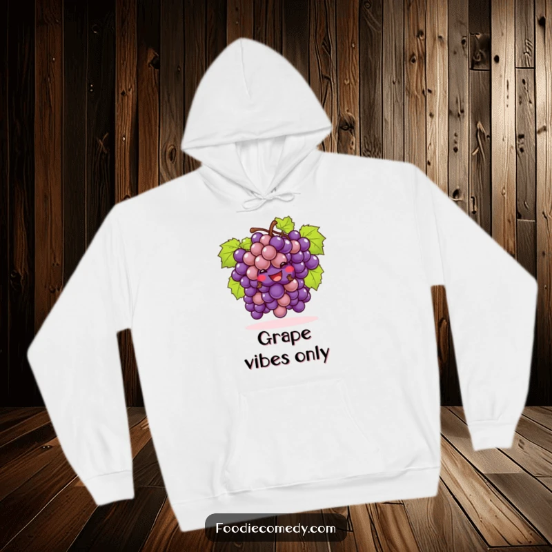 Funny bunch of grapes hoodie performing a playful cha-cha, offering warmth and a touch of fruity mischief.