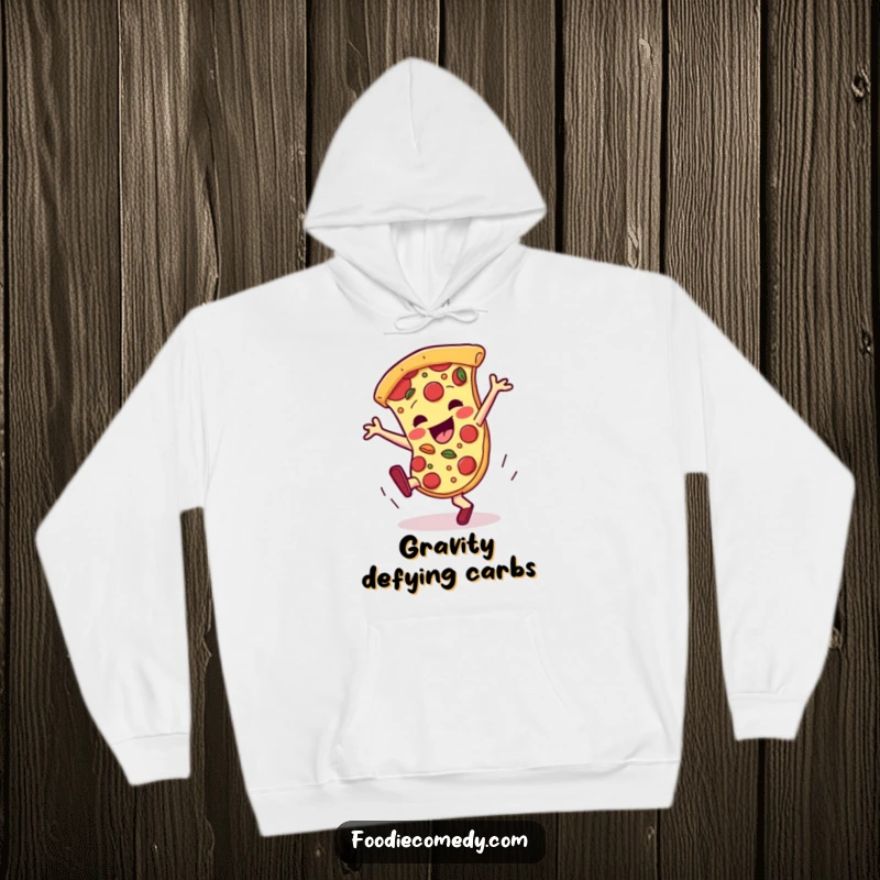 Funny pizza hoodie, a slice breakdancing with energetic toppings, radiating warmth and humor.