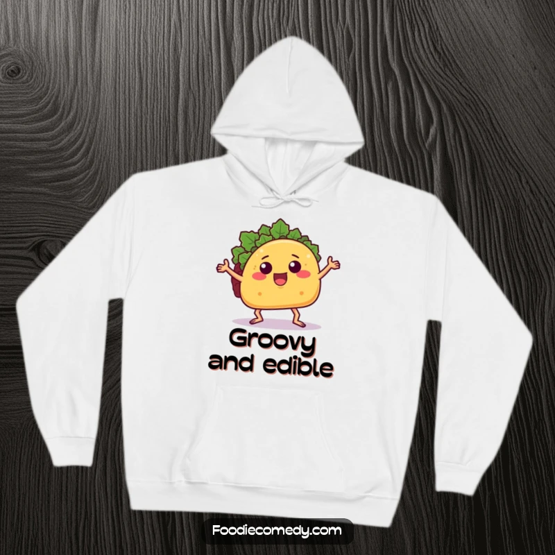 Funny taco hoodie featuring a dancing taco with limbs, providing cozy warmth and humorous food-themed fun.