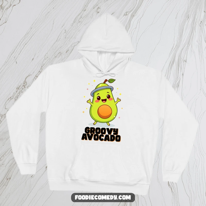 Funny delighted avocado doing a disco spin, depicted on a warm and cozy hoodie, perfect for casual wear.