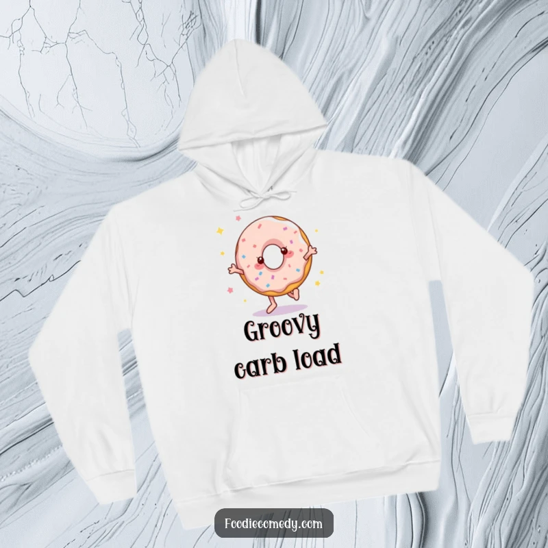 Funny hoodie depicting a charming donut expertly doing a disco dance move, exuding a cool and humorous vibe.