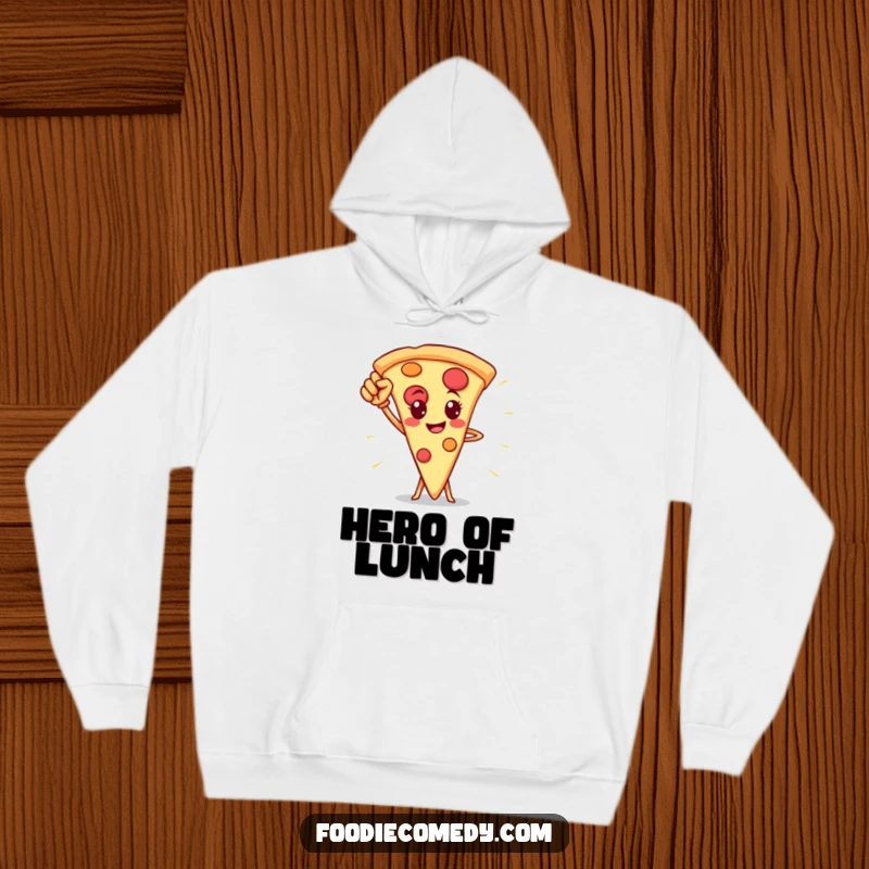 Funny pizza slice hero hoodie, illustrating a brave pizza character ready to save the day.