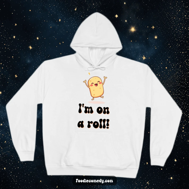 Funny hoodie with a cheerful bread roll doing a celebratory jig, perfect for staying cozy and spreading smiles.
