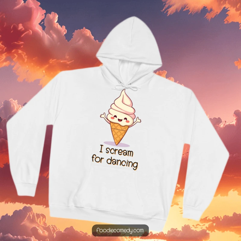 Funny hoodie depicting a happy ice cream cone dancing the boogie, perfect for adding warmth and humor.