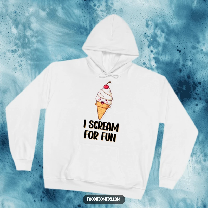 Funny giggling ice cream cone hoodie, a spinning dessert character for ultimate cozy comfort.